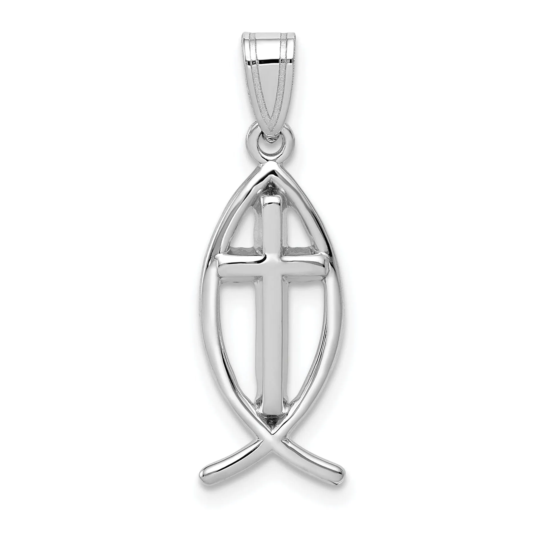 14k White Gold Polished Finish Ichthus Fish with Cross Design Pendant