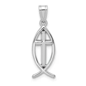 14k White Gold Polished Finish Ichthus Fish with Cross Design Pendant