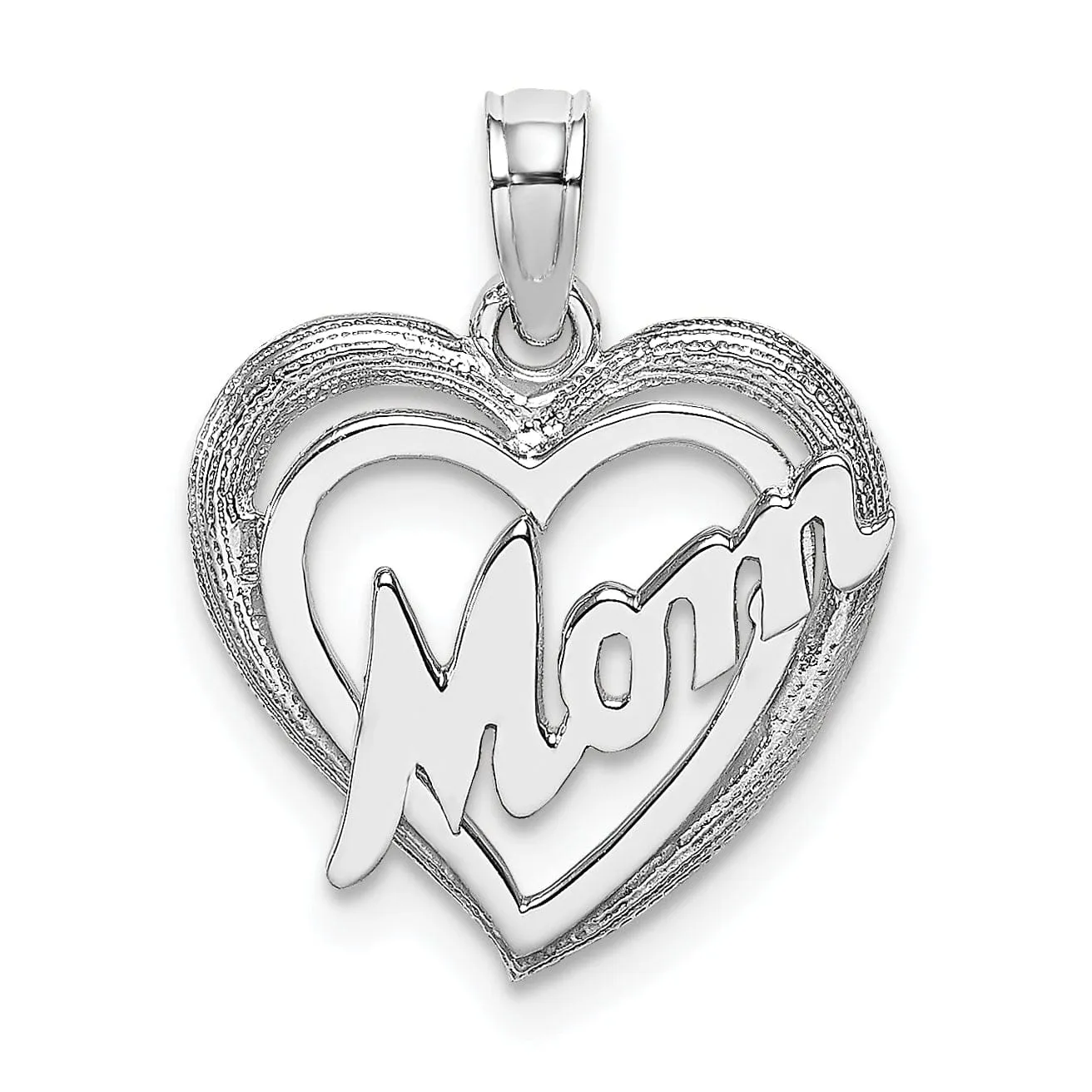 14k White Gold Polished Textured Finish MOM in Double Heart Shape Design Charm Pendant