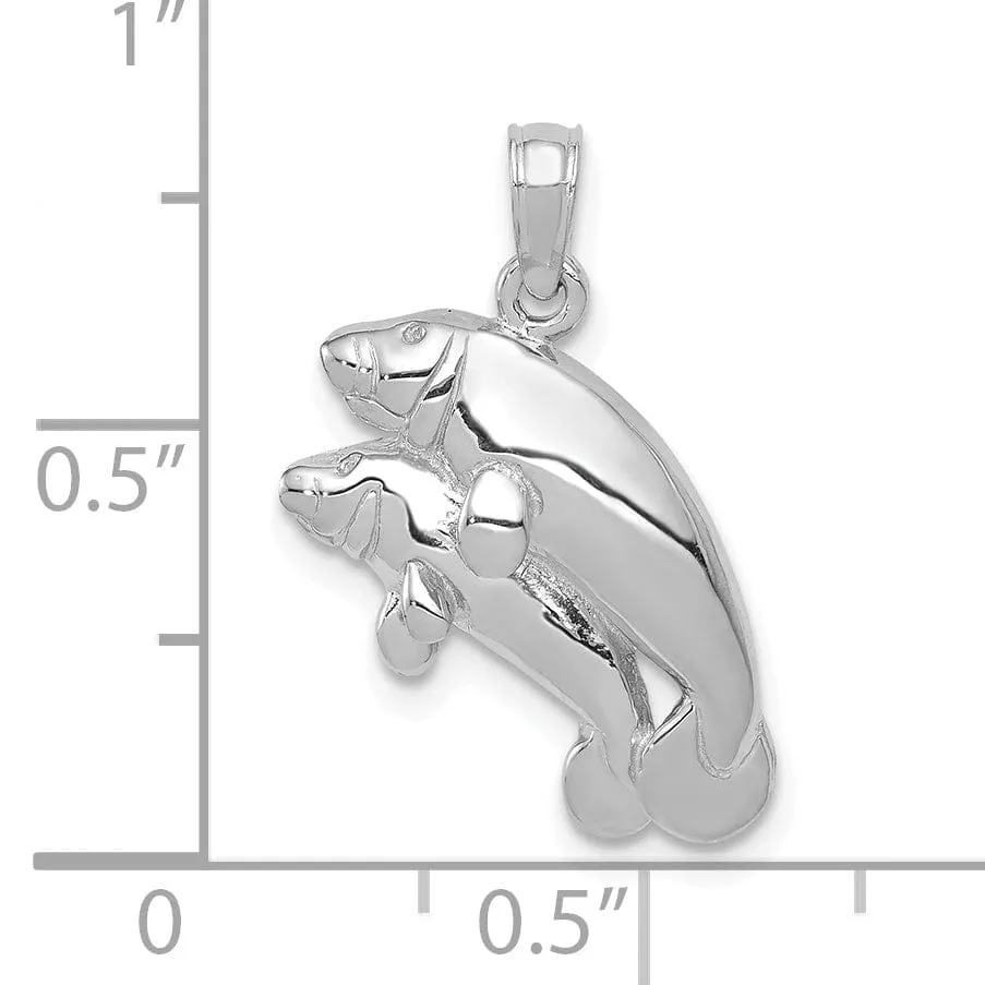 14k White Gold Solid Polished Finish Double Manatee Design Charm Pendant