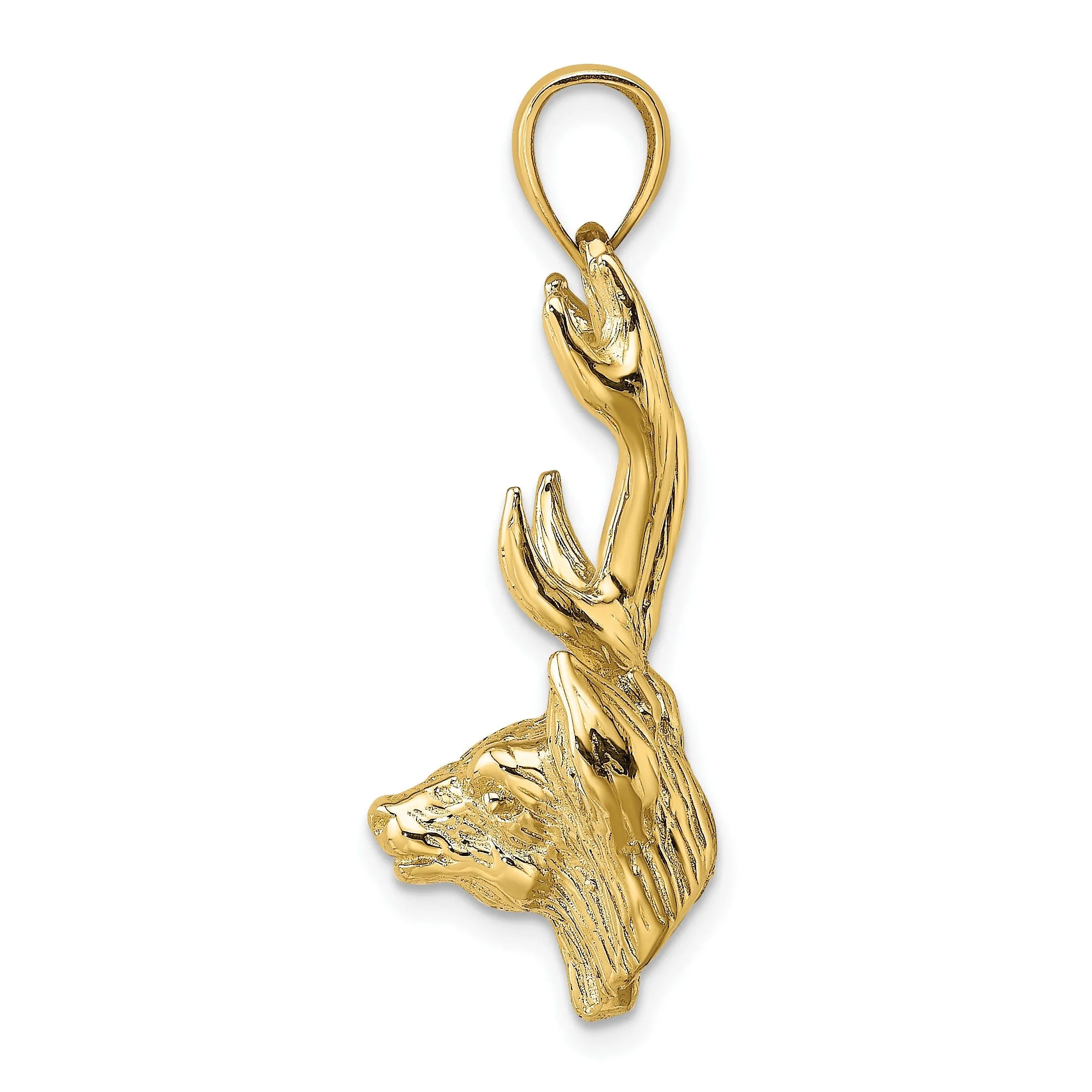 14K Yellow Gold Textured Polished Finish 3-Dimensional Deer Head with Antlers Charm Pendant