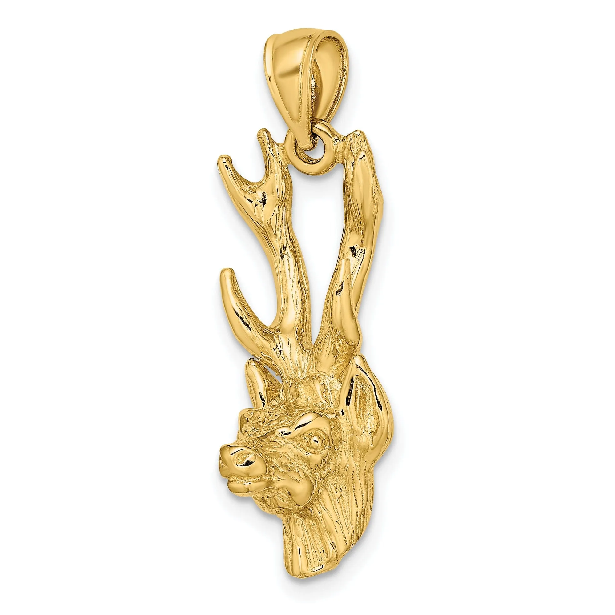 14K Yellow Gold Textured Polished Finish 3-Dimensional Deer Head with Antlers Charm Pendant