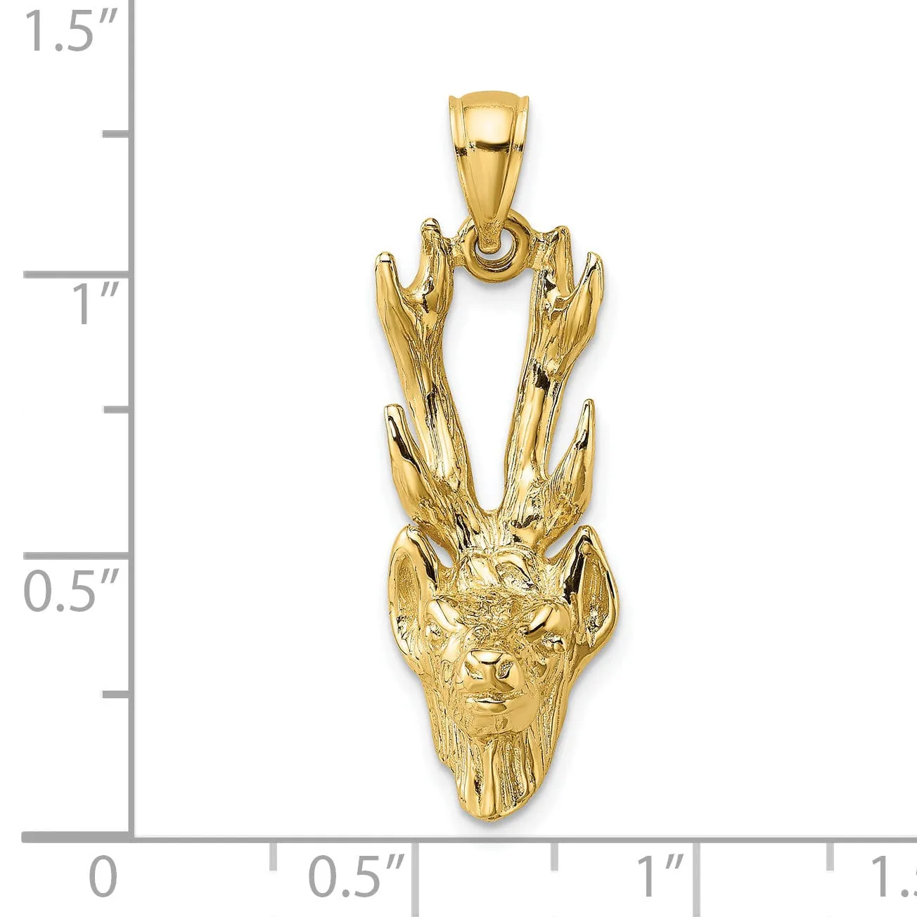 14K Yellow Gold Textured Polished Finish 3-Dimensional Deer Head with Antlers Charm Pendant