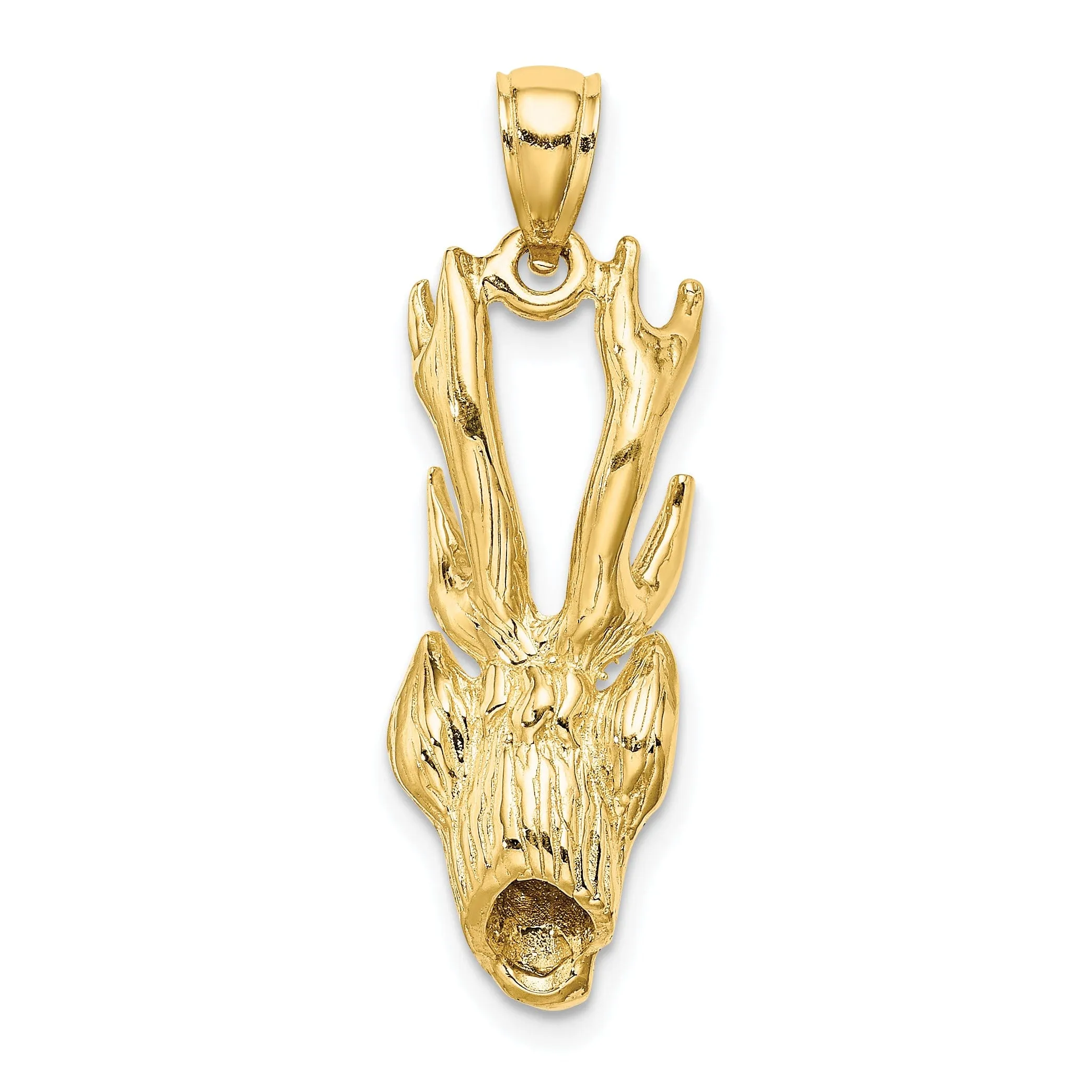 14K Yellow Gold Textured Polished Finish 3-Dimensional Deer Head with Antlers Charm Pendant