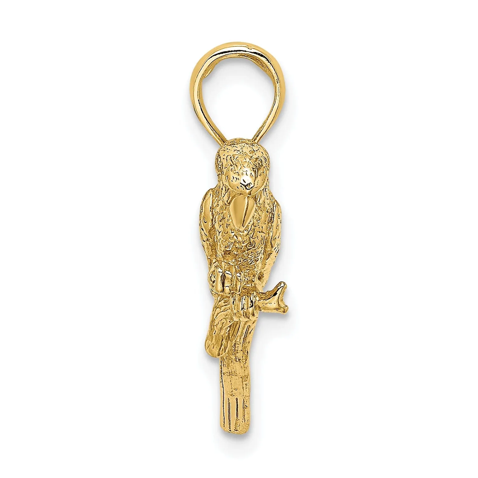 14K Yellow Gold Textured Solid Polished Finish 3-Dimensional Parrot Sitting on Branch Charm Pendant