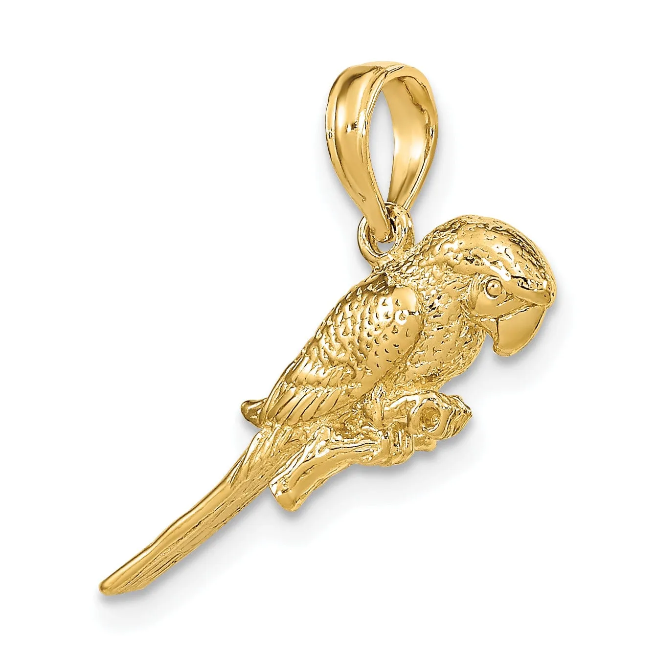 14K Yellow Gold Textured Solid Polished Finish 3-Dimensional Parrot Sitting on Branch Charm Pendant