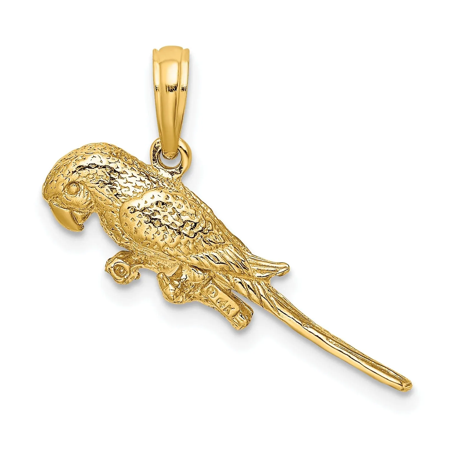 14K Yellow Gold Textured Solid Polished Finish 3-Dimensional Parrot Sitting on Branch Charm Pendant