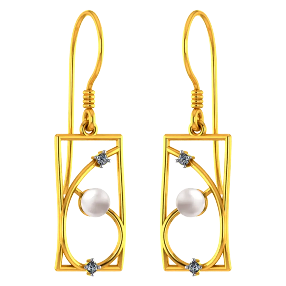 22k Rectangular Gold Earrings With Unique Design And A Pearl