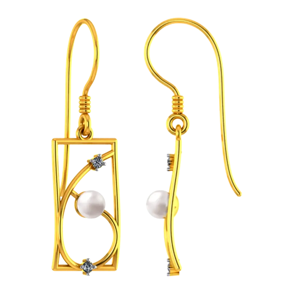 22k Rectangular Gold Earrings With Unique Design And A Pearl