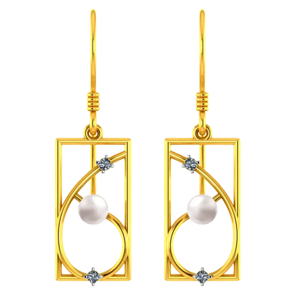 22k Rectangular Gold Earrings With Unique Design And A Pearl