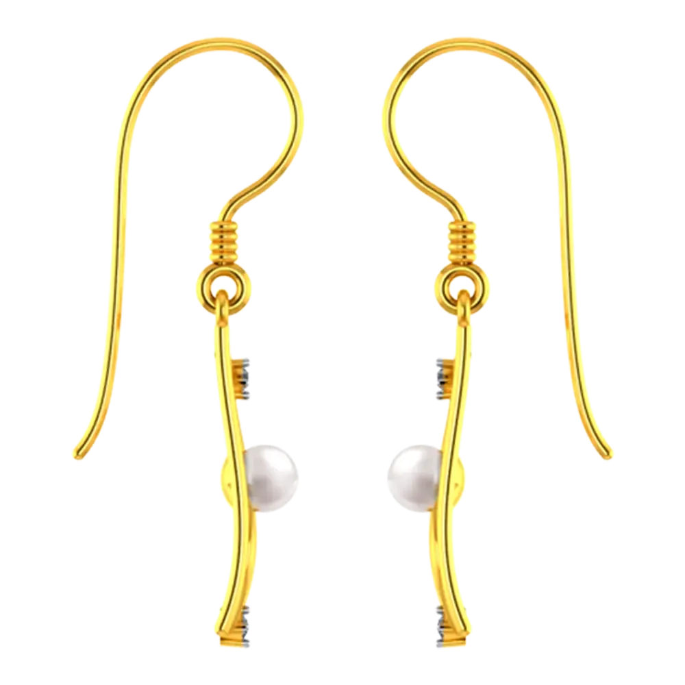 22k Rectangular Gold Earrings With Unique Design And A Pearl