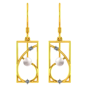 22k Rectangular Gold Earrings With Unique Design And A Pearl