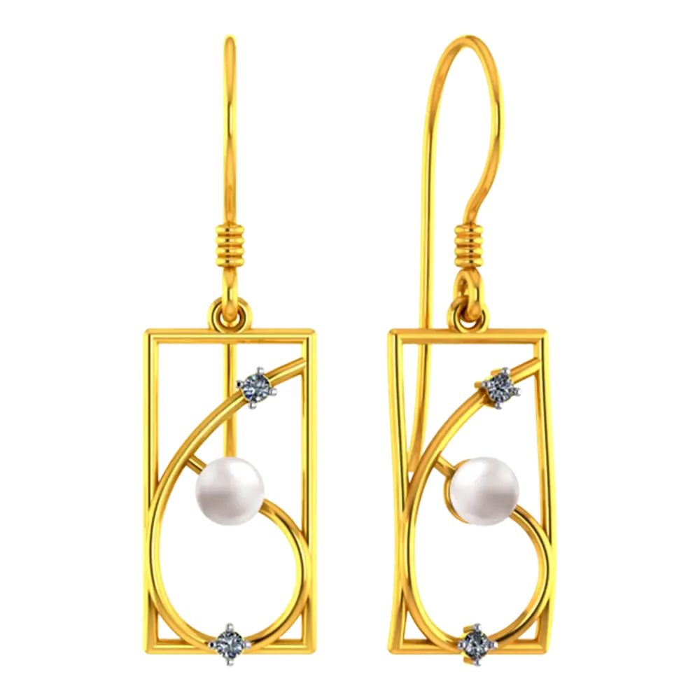 22k Rectangular Gold Earrings With Unique Design And A Pearl