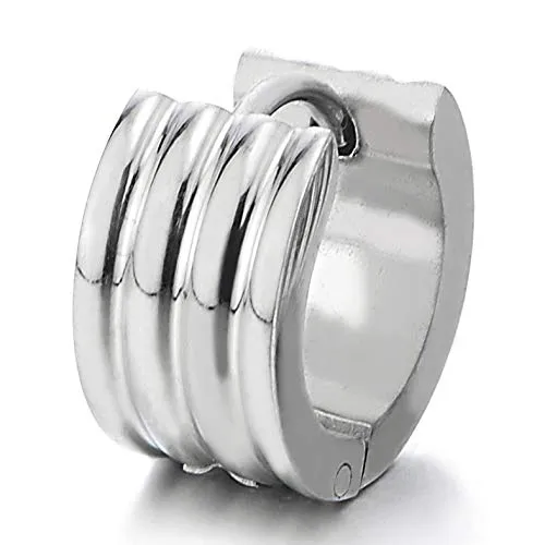 2pcs Stainless Steel Grooved Huggie Hinged Wide Hoop Earrings for Men Women, Unique