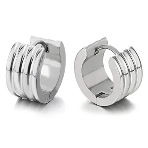 2pcs Stainless Steel Grooved Huggie Hinged Wide Hoop Earrings for Men Women, Unique