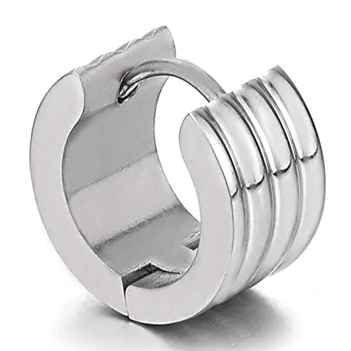 2pcs Stainless Steel Grooved Huggie Hinged Wide Hoop Earrings for Men Women, Unique