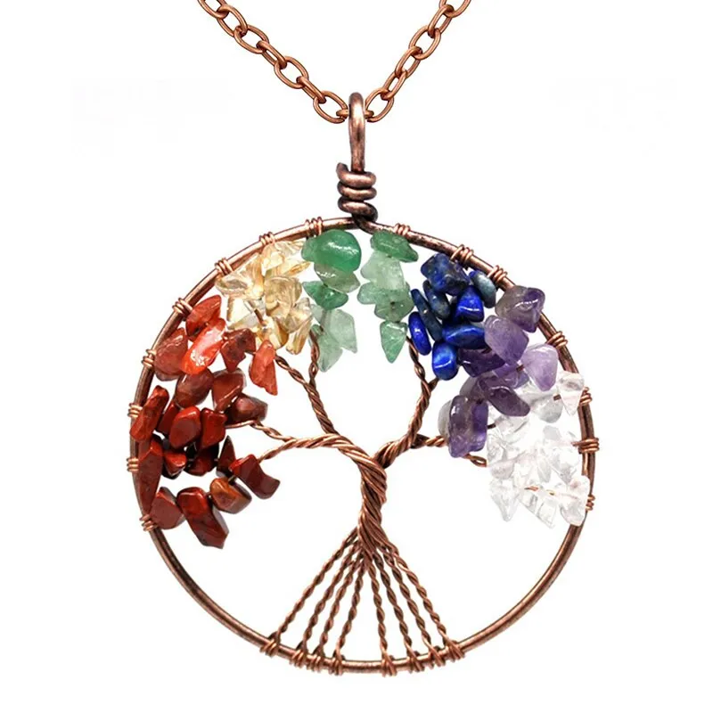 7 Chakra Quartz Natural Stone Tree of Life pendulum Pendant Necklace for Women  Healing Crystal Necklaces