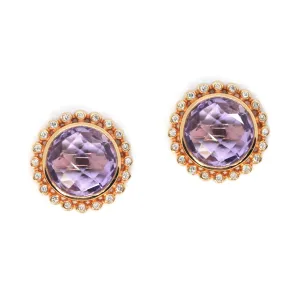 AFJ Gemstone Collection - Button Earrings with Amethyst and Diamonds, Yellow Gold