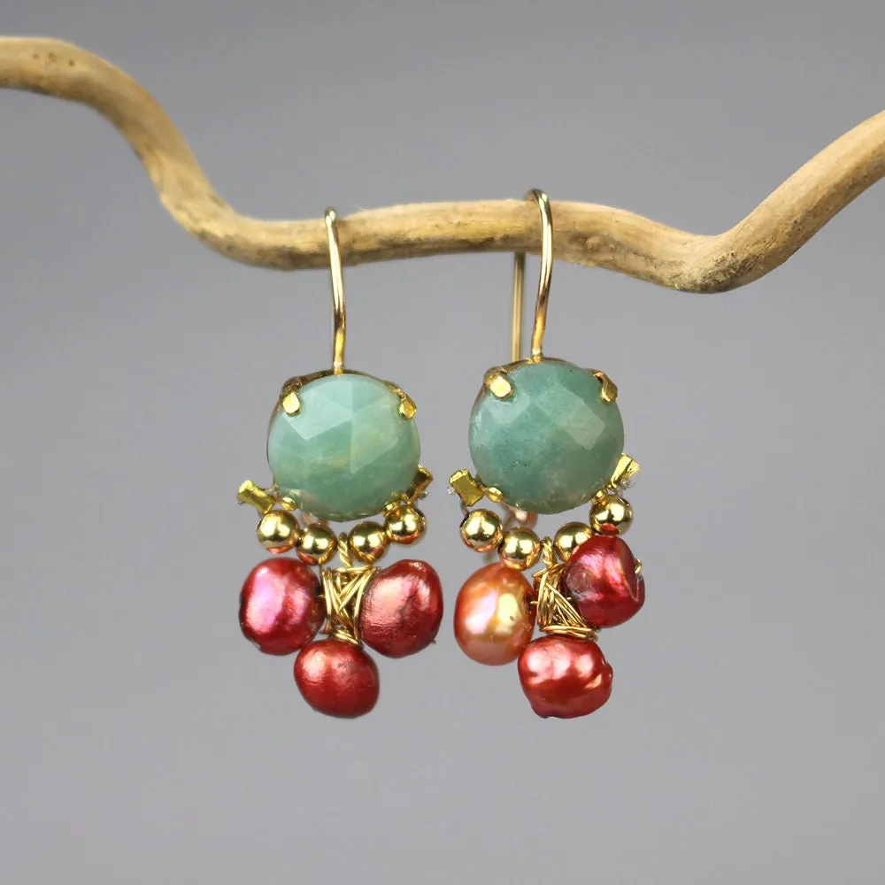 Amazonite Bronze Pearls Clover Earrings