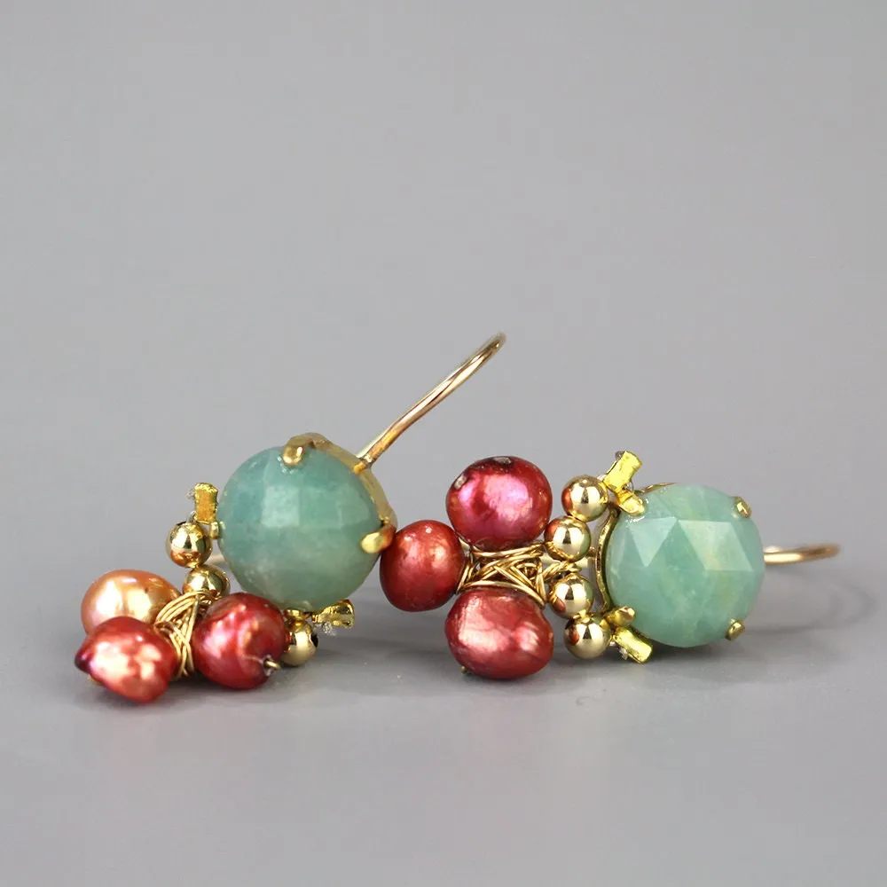 Amazonite Bronze Pearls Clover Earrings