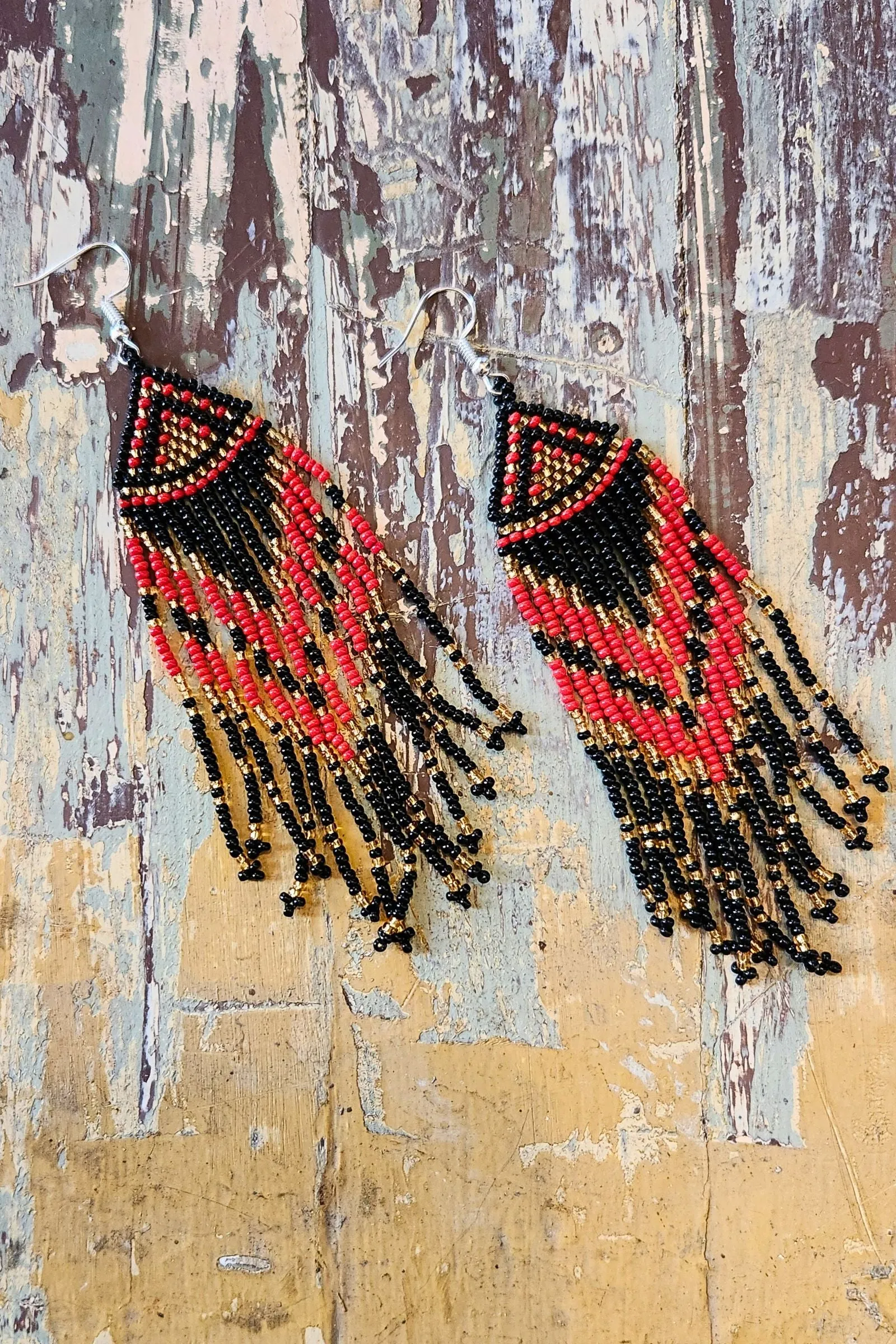 Black & Red Tribal Fringe Earrings