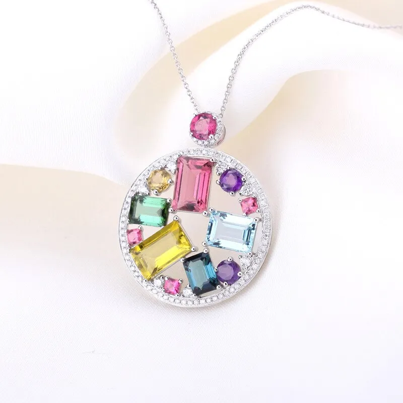 Colorful Jewel Round Pendant Sterling Silver 925 Jewelry for Women Rectangle Gemstones