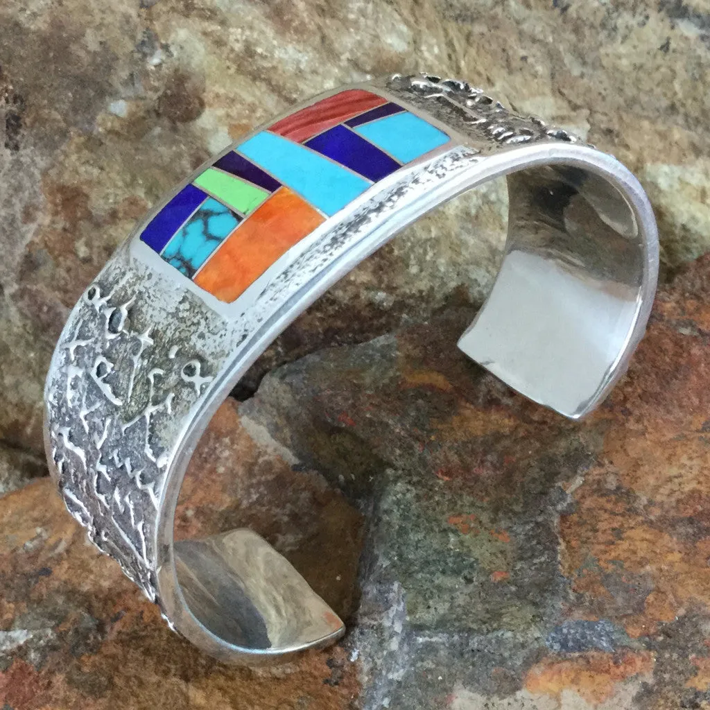 David Rosales Indian Summer Inlaid Sterling Silver Bracelet-Sand Cast