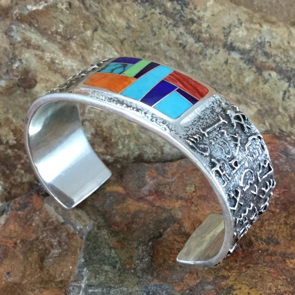 David Rosales Indian Summer Inlaid Sterling Silver Bracelet-Sand Cast