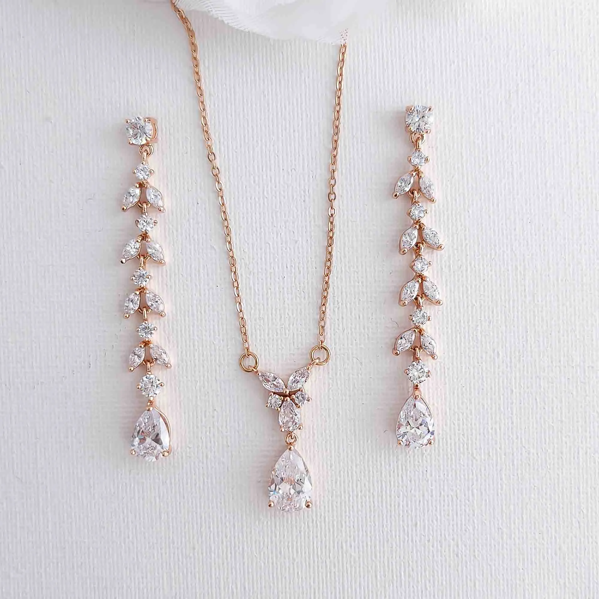 Delicate Earrings and Necklace Set for Wedding in Rose Gold-Miranda