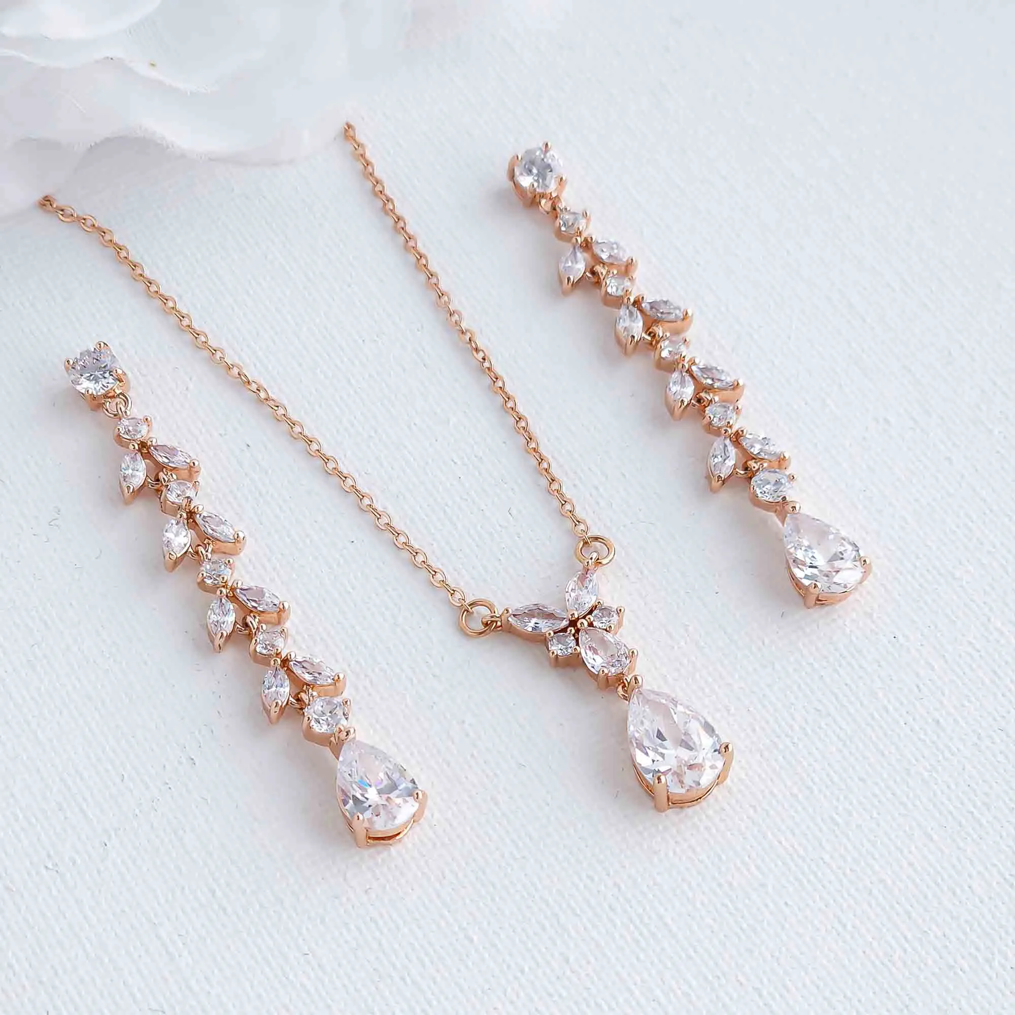 Delicate Earrings and Necklace Set for Wedding in Rose Gold-Miranda