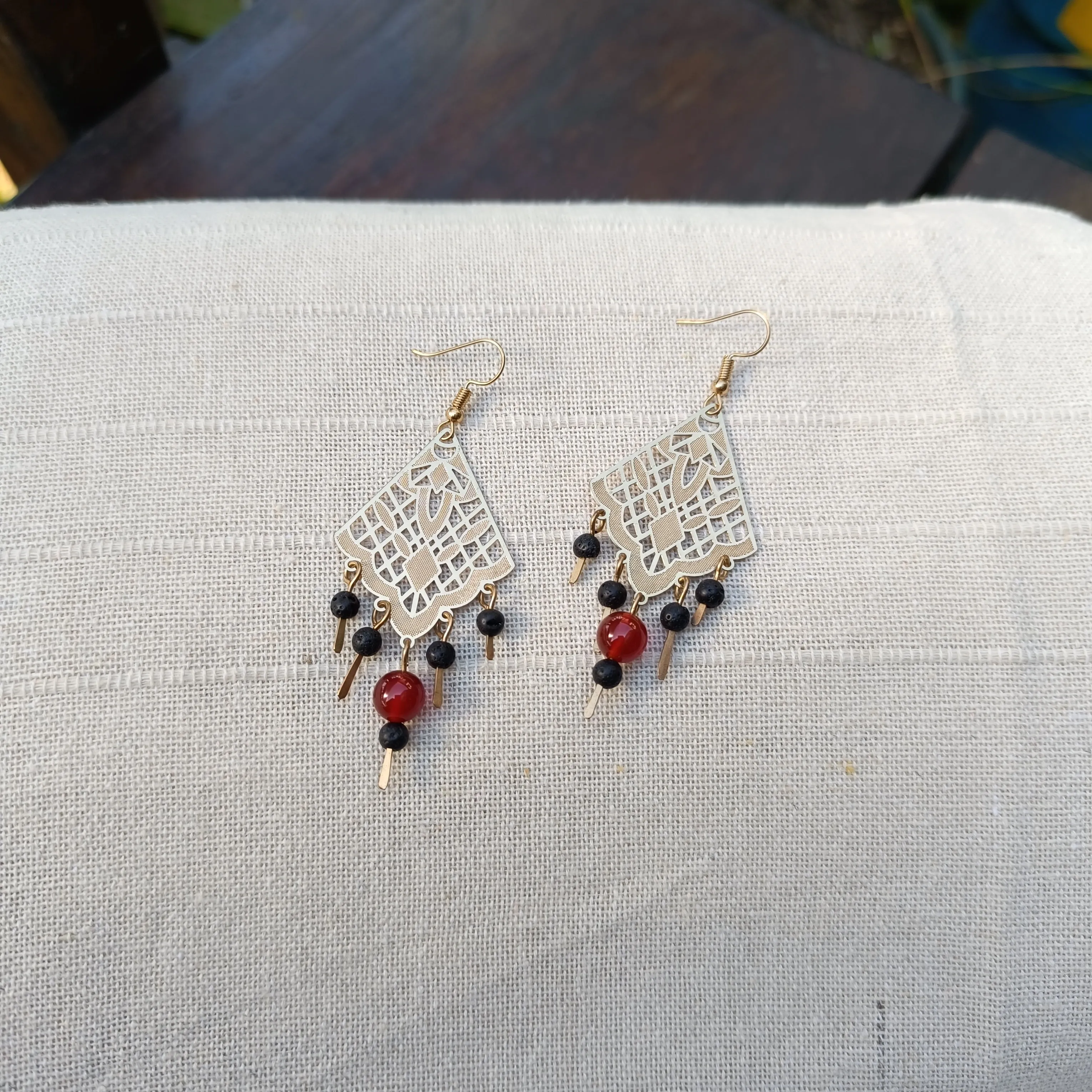 Diamond Lace Earrings with Carnelian and Lava Stone