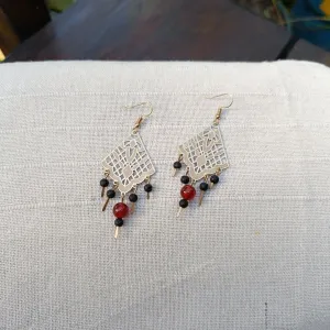 Diamond Lace Earrings with Carnelian and Lava Stone