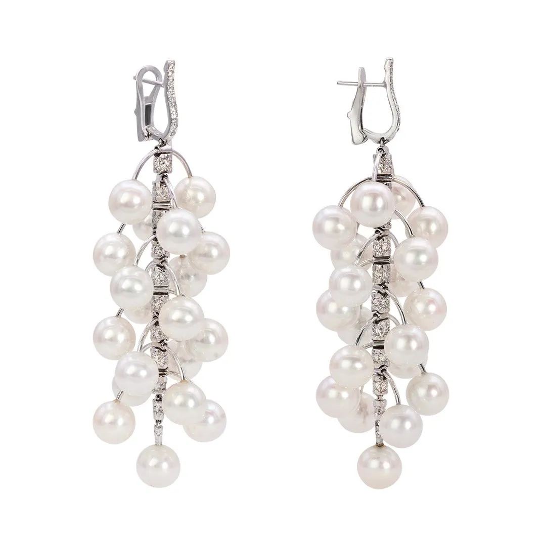 Eclat Jewels - One of a Kind Drop Earrings with Cultured Japanese Pearls and Diamonds, 18k White Gold