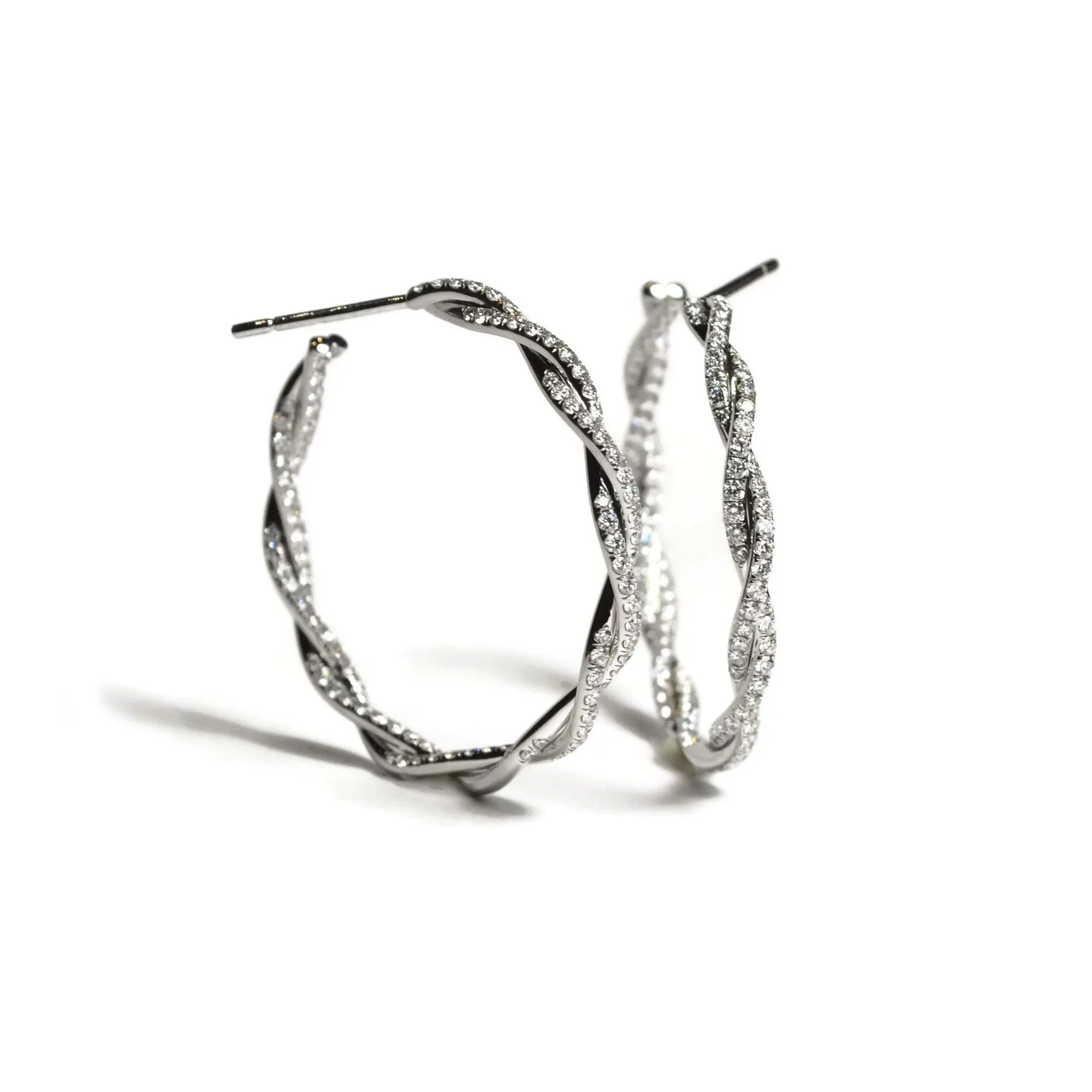 Eclat Jewels - Twisted Vine Diamond Hoop Earrings, 18k White Gold