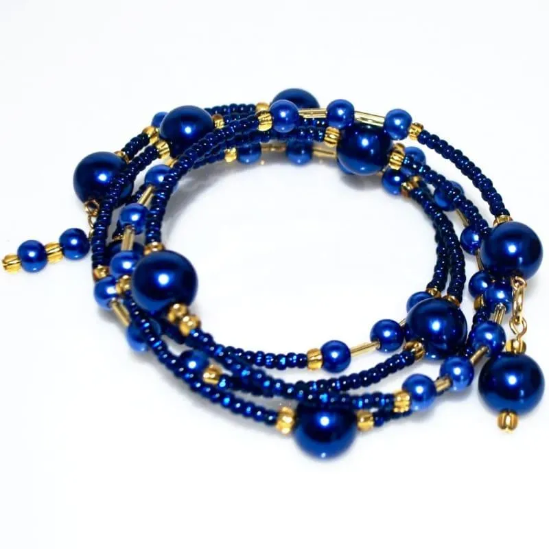 Elegant Blue Glass Pearls / Sapphire And Gold Ascent Wrap Around Bracelets