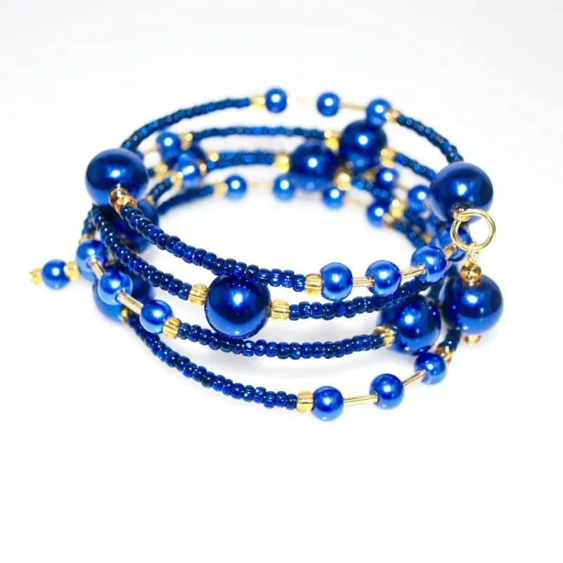 Elegant Blue Glass Pearls / Sapphire And Gold Ascent Wrap Around Bracelets