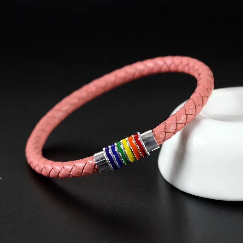 Elegant Magnetic Titanium Steel Rainbow Drop Leather Bracelet