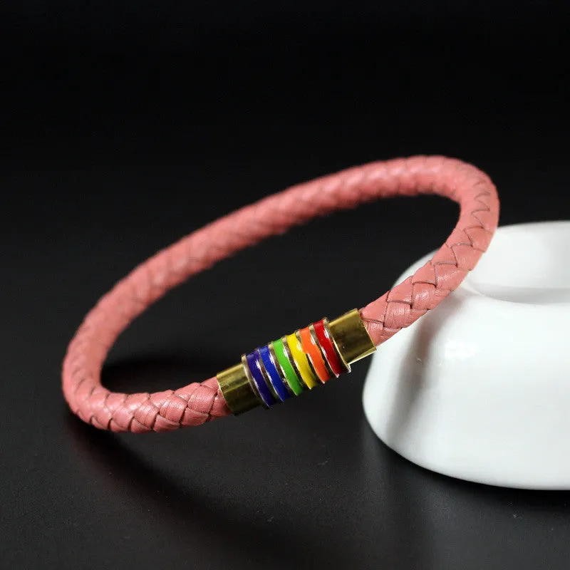 Elegant Magnetic Titanium Steel Rainbow Drop Leather Bracelet