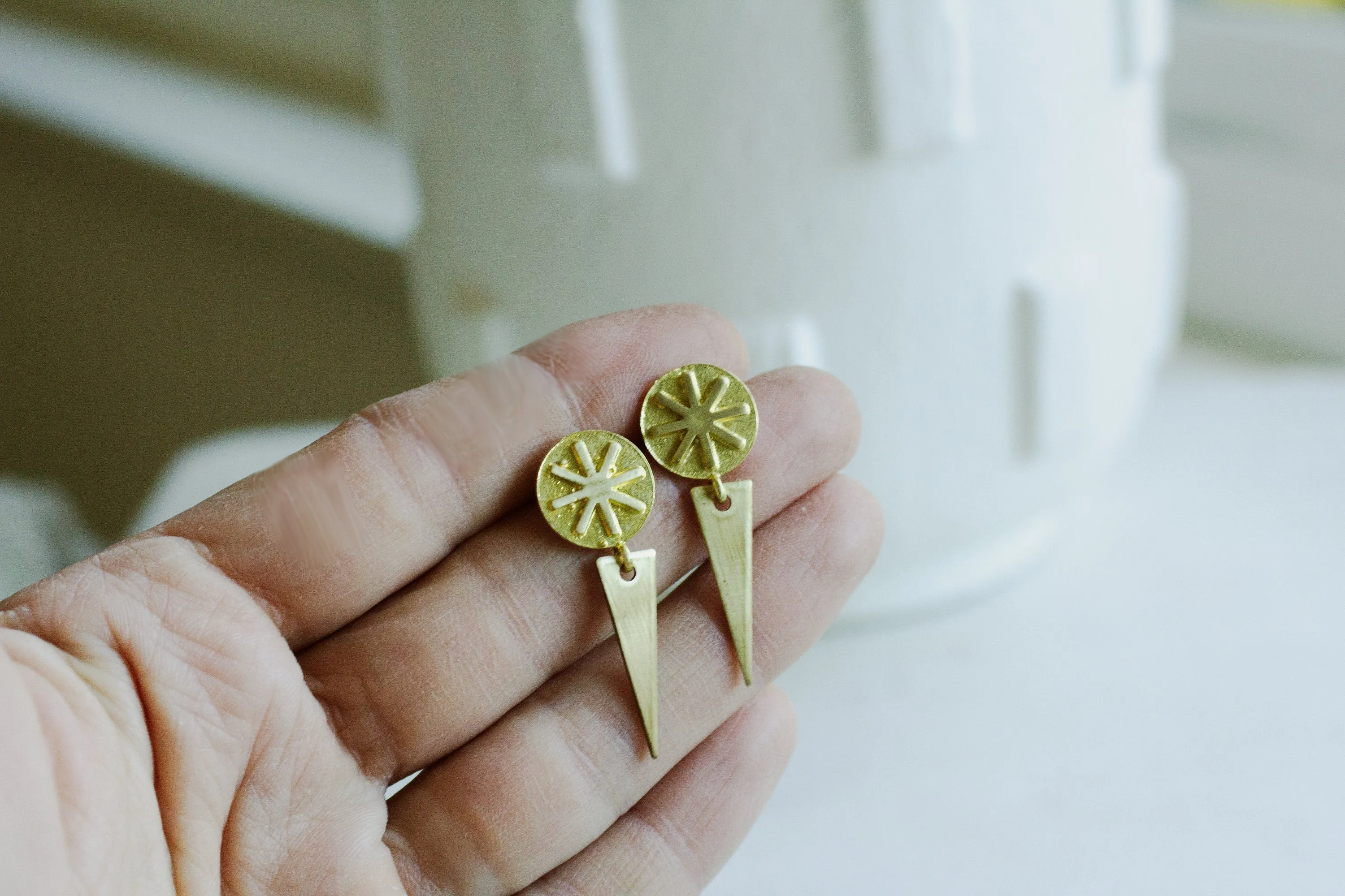 Gold drop earrings with vibrant sun stud, gold spike earrings, unique earrings gift for her