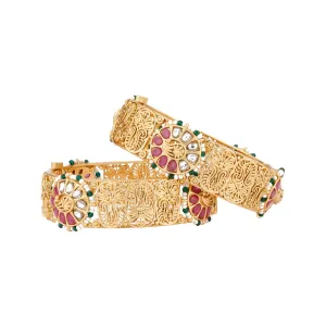 Gold Plated Kundan & Red Onyx Stone Birds Motif Bangles, Set of 2