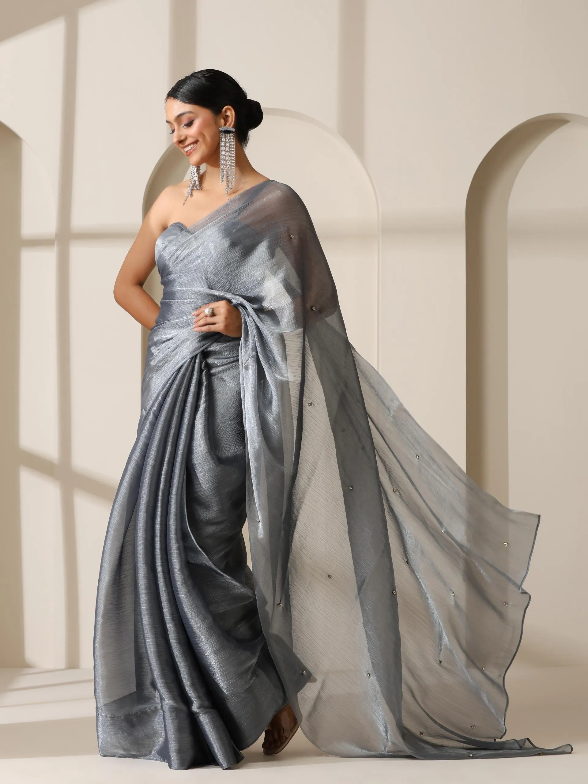 Grey Galaxy Diamond Organza Chiffon Saree with Self Blouse Fabric