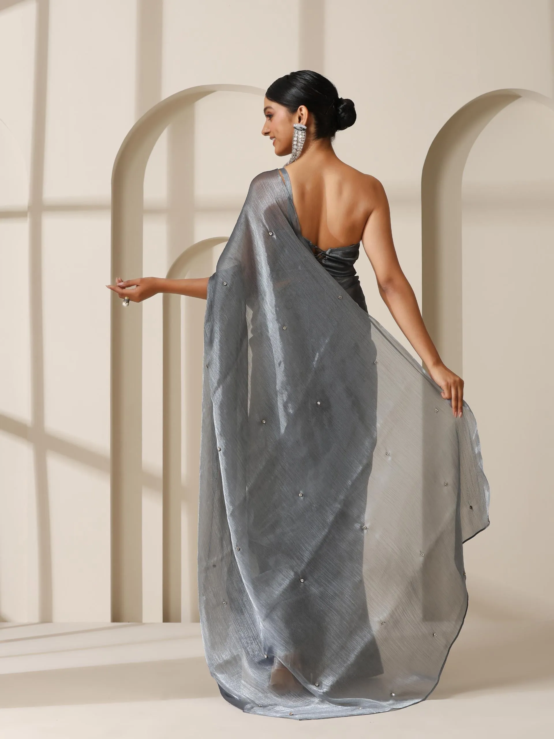 Grey Galaxy Diamond Organza Chiffon Saree with Self Blouse Fabric