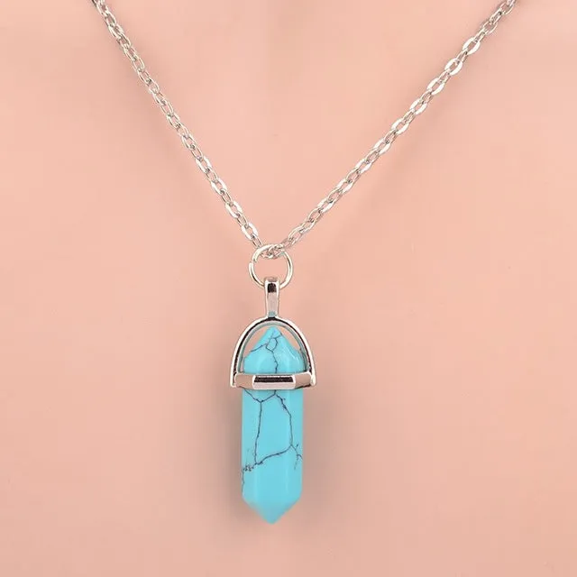 Hexagonal Column Natural Crystal Tiger Eye turquoises pendentif amethyste Stone Pendant Chains Necklace For Women Jewelry