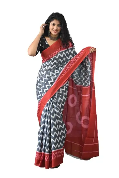 JALTHER Handicrafts Women's Ikat Hand Block Print Jaipuri Cotton Mulmul Saree with Blouse Piece_Multicolor 700