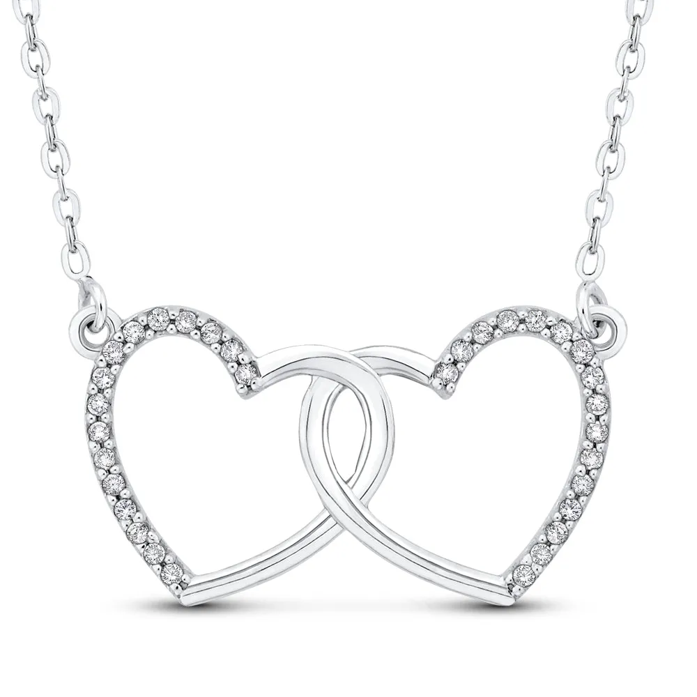 KATARINA Diamond Interlinked Double Heart Fashion Pendant Necklace (1/8 cttw, GH, I2-I3)