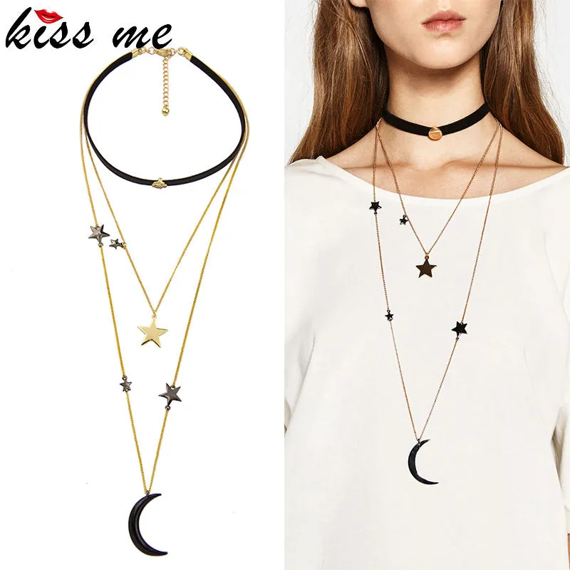 KISS ME New Popular Choker Necklace Three Layers Alloy Stars Moon Necklaces for Women Fashion Jewelry