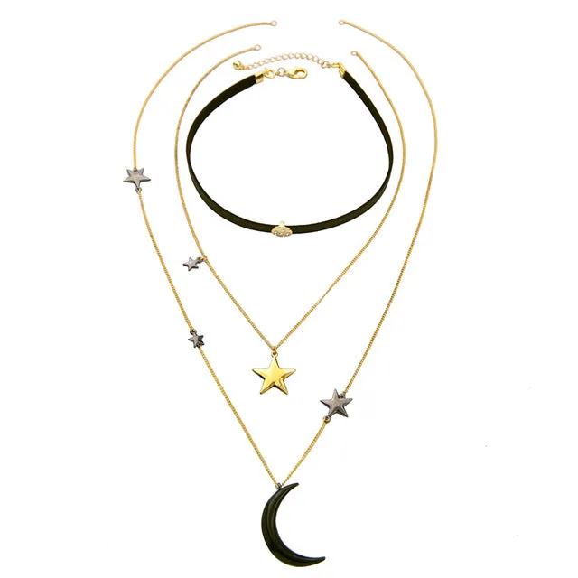 KISS ME New Popular Choker Necklace Three Layers Alloy Stars Moon Necklaces for Women Fashion Jewelry