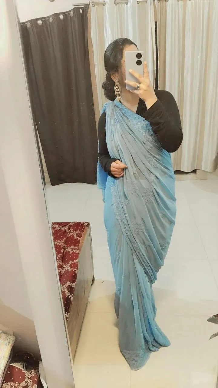 Light Blue Elegant Chikankari Georgette Saree with Black Blouse