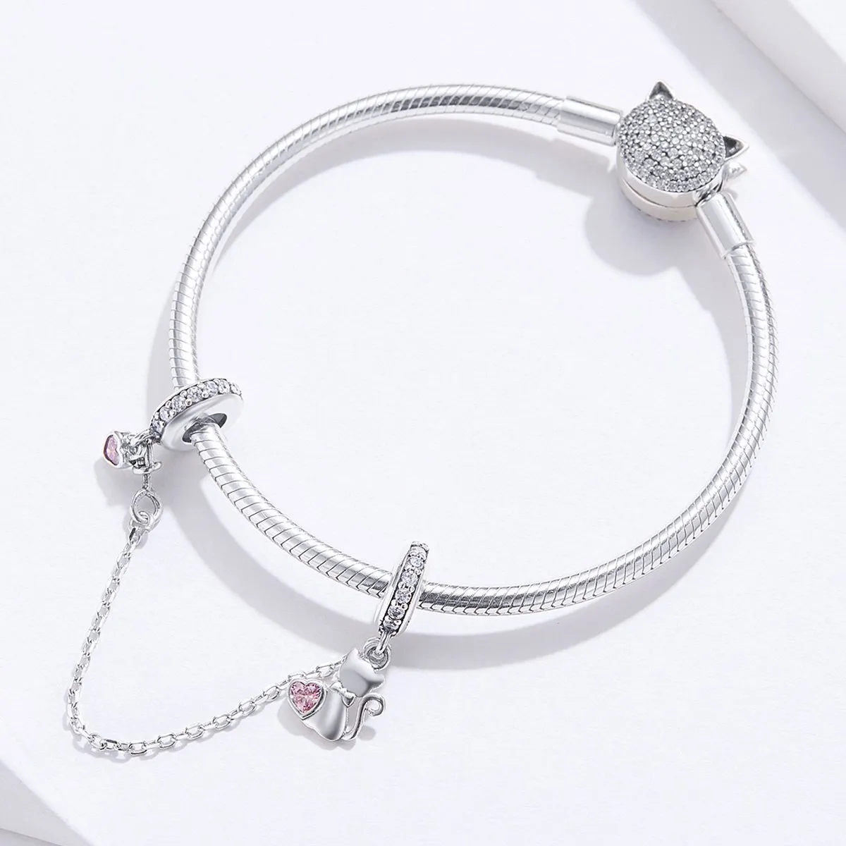 Lovely Cat 925 Sterling Silver Bracelet Safety Chain Charm