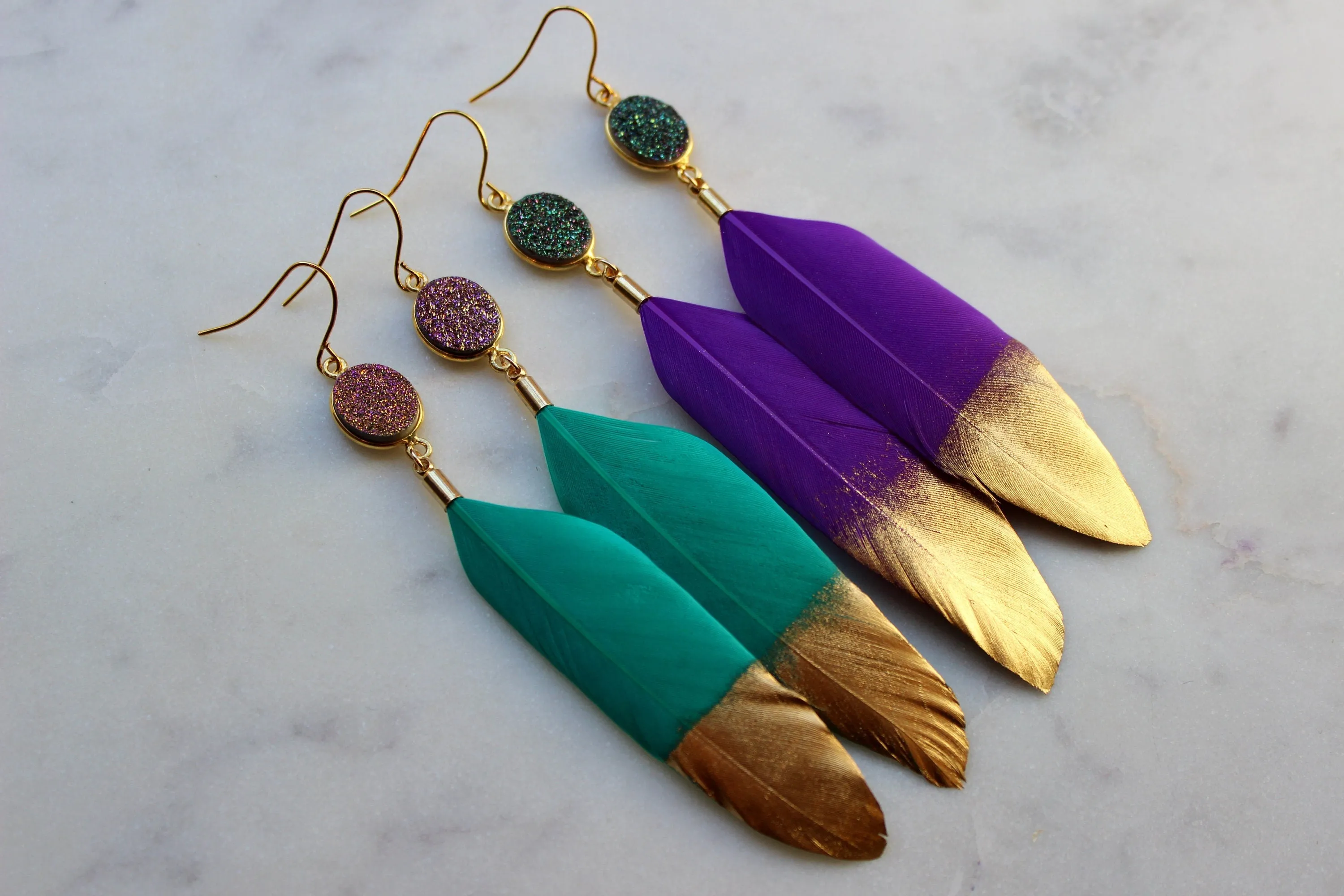 Mardi Gras Earrings, Mardi Gras Jewelry, Gold Dipped Feather Earrings, Gold Druzy Earrings, Feather Jewelry, Bold Statement Earrings